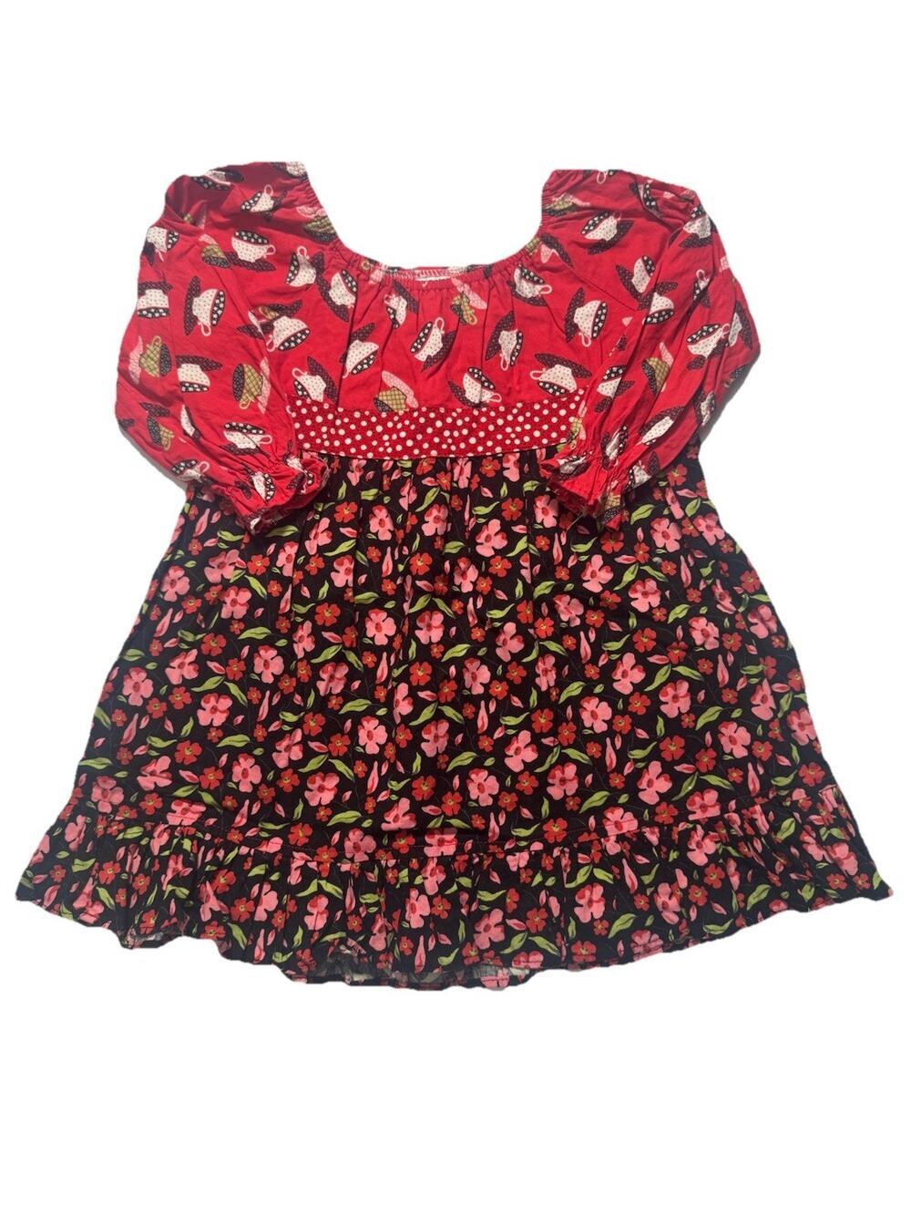 Beary Basics Girls 3T Floral Peasant Tunic Top Red Pink Puff Sleeve Cotton